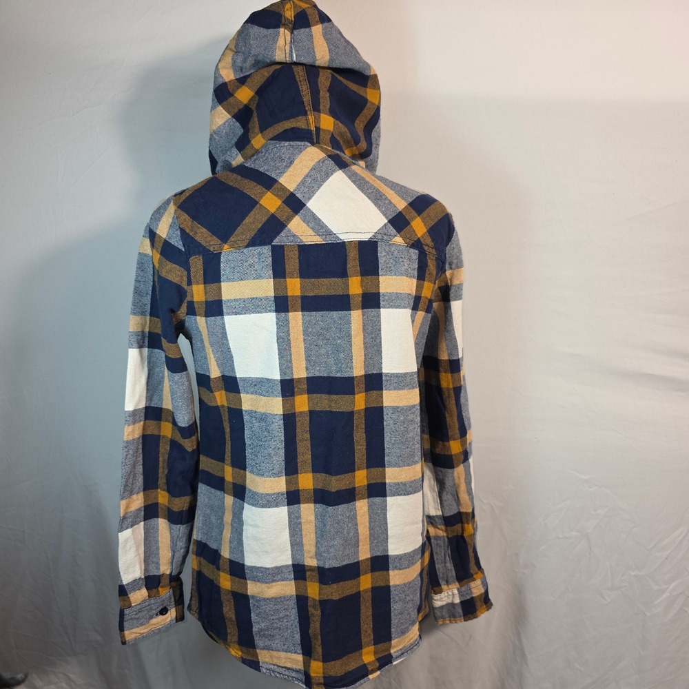 Destined Womens Hooded Flannel Shirt Plaid Navy Mustard Yellow Cotton Medium W61 - Picture 3 of 4